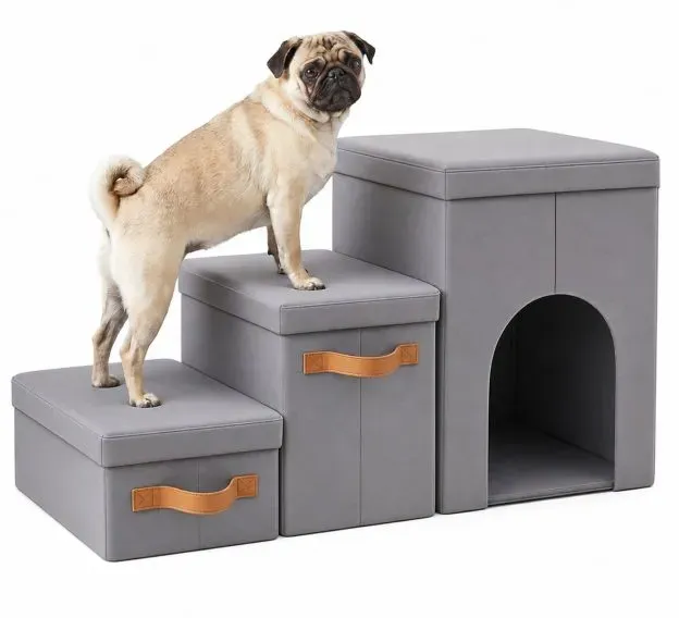 Relaxdays Faltbare Hundetreppe mit 3 Stufen Hellbraun,Grau