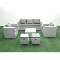 7-Sitzer Polyrattan Gartenmöbel Set mit 3-Sitzer Sofa 2 Sesseln Quadratischer Couchtisch 2 kleine Fußhockern Hellgrau gemischt - Fimous