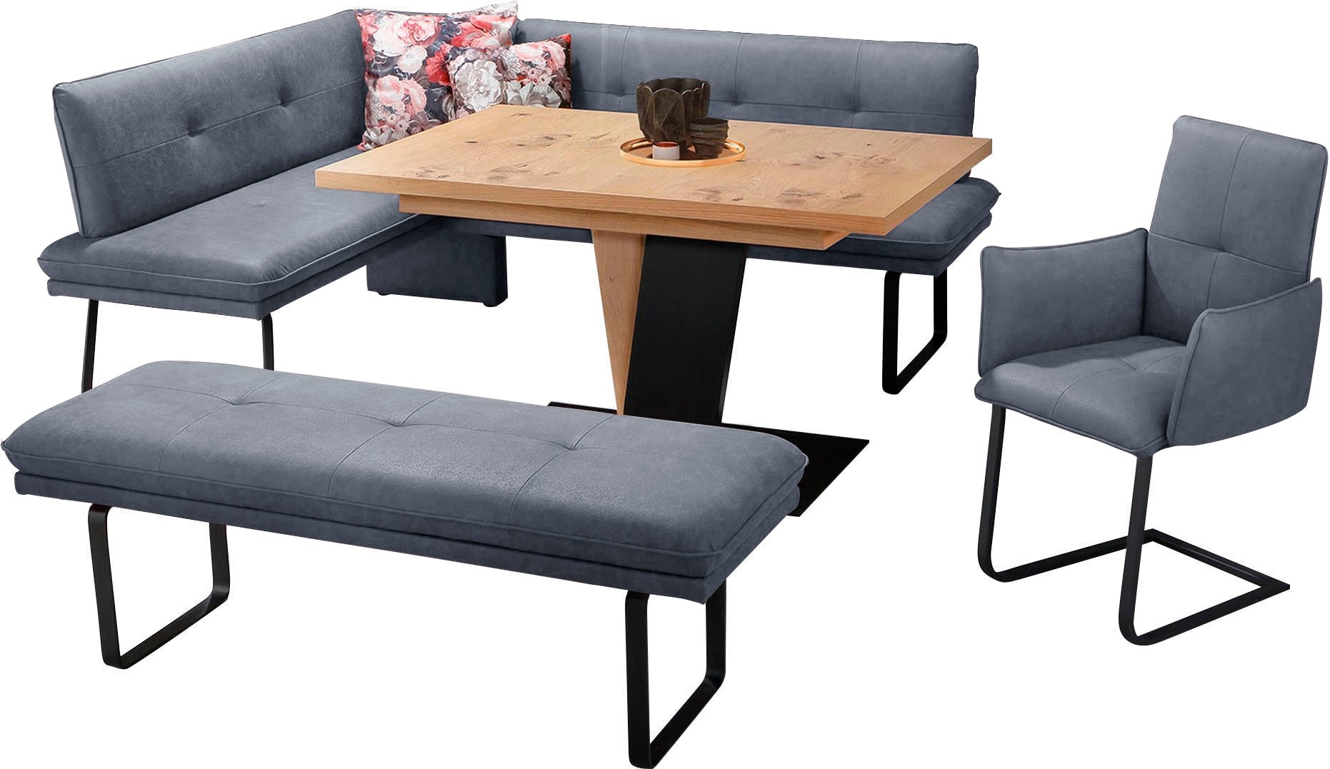 Eckbankgruppe K+W KOMFORT & WOHNEN, blau, Microfaser 785, Ansteckplatte, Sitzmöbel-Sets, Essgruppe