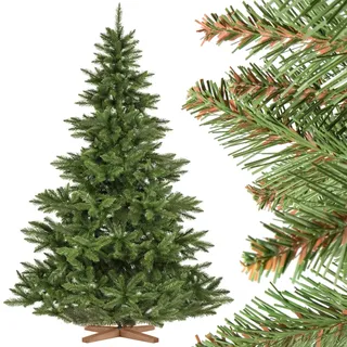 FairyTrees Weihnachtsbaum künstlich 220cm NORDMANNTANNE mit Christbaum Holzständer | TESTSIEGER Tannenbaum künstlich mit grünem Stamm | Made in EU