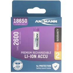 Ansmann Li-Ion Akku 18650 Lithium-Ionen Akku 3,6 Volt 2600mAh, 9.36Wh, 69,8x18mm,5geschützter Akku durch Sicherheitsbeschaltung
