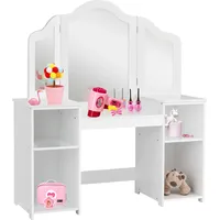 Costway - 2 In 1 Kinder Schminktisch Schreibtisch Mit Abnehmbarem Spiegel, Frisiertisch Maedchen Mit Offenen Faechern, Frisierkommode Holz, Schminkkommode Weiss