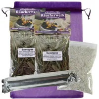 SWEETGRASS zum räuchern Bison Grass 7-TLG Räucher-Set 2x60ml Räucherwerk, Räucherkohle (10x), Räuchersand, Räucheranleitung, Lexikon der Räucherstoffe A-Z, Täschchen. 82060-XX81
