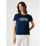 Pepe Jeans T-Shirt "MAHINA", Damen, Gr. XS, deep sea blau, Single Jersey, Obermaterial: 100% Baumwolle, bedruckt, regular fit hüftlang, Rundhals, Shirts T-Shirt, mit floralem Print
