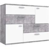Forte Skive Kommode mit 2 Türen und 4 Schubladen, Holzwerkstoff, Betonoptik Lichtgrau / Weiß, 124.9 x 41.3 x 95.9 cm