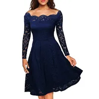 Minasan Blau Damen Elegant Sommer Petticoat Kleider Spitzenkleid Schöne Pinup Lässige Langärmlig Knielänge Bodycon Rockabilly Cocktailkleid Abendkleider Schwingen Faltenkleid für Frauen M - M