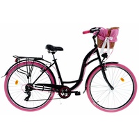 Damenfahrrad mit korb Davi Emma, 7 Gänge Shimano, 160-185 groß, Korb mit Polsterung, 28 Zoll Alu Räder, Schwarz/Rosa