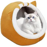 Katzenbetten für Hauskatzen, Katzenhöhlenbett Aus Plüschstoff, Haustierbett, Waschbares Katzenhaus, Weiches Und Warmes Katzenhaus Für Drinnen für Kätzchen und Mittelgroße (Gelb)