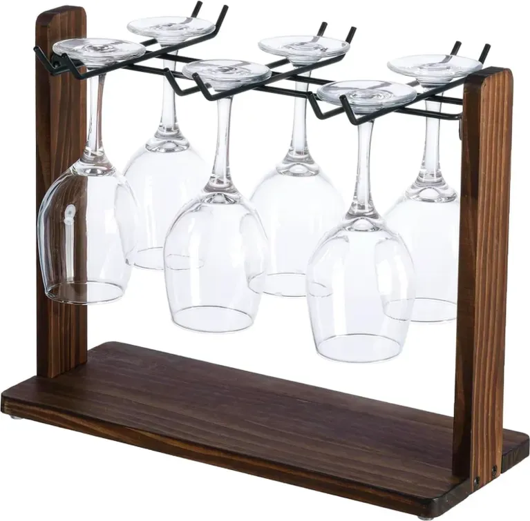 MyGift Moderner Verbrannter Brauner Massivholz und Matt-Schwarzer Metall-Draht Tisch-Weinglashalter, Arbeitsplatten-Trockenständer für Trinkgläser, Kelche, Flöten