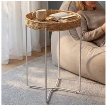 doporro Beistelltisch rund, Couchtisch klein Ø37 x H55 cm, Kleiner Tisch mit 1 geflochtener Ablage aus natürlichem Papierseil für Wohnzimmer, Schlafzimmer und Balkon, Nachttisch Weiß Reglo-08