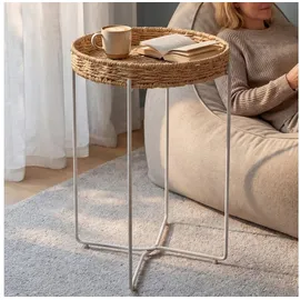 doporro Beistelltisch rund, Couchtisch klein Ø37 x H55 cm, Kleiner Tisch mit 1 geflochtener Ablage aus natürlichem Papierseil für Wohnzimmer, Schlafzimmer und Balkon, Nachttisch Weiß Reglo-08