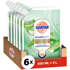 Sagrotan Handseife Nachfüller Aloe Vera – Feuchtigkeitsspendend und stark gegen Bakterien – 6 x 500 ml Handseife