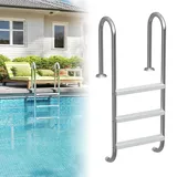 Froadp Edelstahl Poolleiter mit 3 Rutschfesten Stufen,Pooltreppe 132 x 54 x 26.5 cm,Schwimmbadleiter bis 150 kg Belastbar, Einstiegsleiter für Pool und Schwimmbecken,Silber