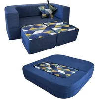 ANONER Kinder Sofa Couch 4-Teilen Kindersofa mit Schlaffunktion, Kindersofa Ausklappbar mit Memory Schaum Kindersofa Spielsofa Jugend & Mädchen, Softbaustein Speilset Dunkleblau