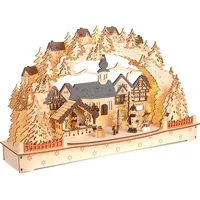 Brubaker 3D Lichterbogen - LED Schwibbogen - Großes Weihnachtsdorf 2025 - Weihnachtsbeleuchtung aus Holz Natur - 27 x 45 x 12 cm - Handbemalte Figuren