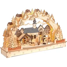 Brubaker 3D Lichterbogen - LED Schwibbogen - Großes Weihnachtsdorf 2025 - Weihnachtsbeleuchtung aus Holz Natur - 27 x 45 x 12 cm - Handbemalte Figuren