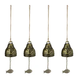 Relaxdays Windspiel Glocken, 4er Set, Feng Shui Glockenspiel, Phönix & Drache Motiv, Garten, Metall, Klangspiel, gold