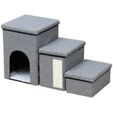 Uisave Hunderampe Hundetreppe Bett,Faltbare Hundetreppe (für Katzen, ältere/große Hunde, Mit Stauraum, Hohe Belastbarkeit), 3 Stufen Treppe (ca.72x33x42 cm) grau