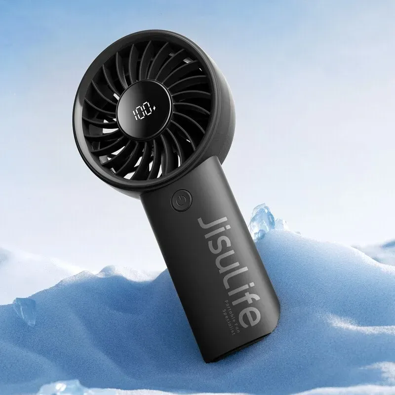 JISULIFE Tragbarer Handventilator Life 4, 5000 mAh wiederaufladbar, 12-Blatt-Turbo für kraftvollen, weiter Wind, 5 Geschwindigkeitsstufen, LED-Display, persönlicher Ventilator, Schwarz