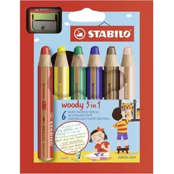 Buntstift, Wasserfarbe & Wachsmalkreide - STABILO woody 3 in 1 - 6er Pack mit Spitzer - mit 6 verschiedenen Farben