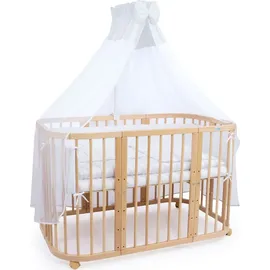 Waldin Mobiles Babybett aus Holz 7in1 mit Matratze, mitwachsend,Stoffe weiss,Holz natur - Weiß