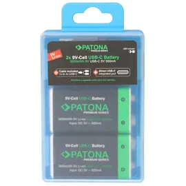 PATONA 2x 9 Volt Block Premium Akkus 3,6Wh mit USB-C und Ladekabel