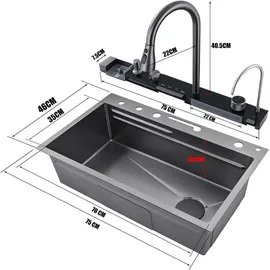 faizee home Küchenspüle Nano Innovative Küchenspüle Graphit 75 x 46 cm mit Armatur - Schwarz