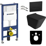 LaVita WC Set: Geberit Duofix Basic Vorwandelement + Wand Tiefspül WC Lago Schwarz Spülrandlos + WC Sitz + Bedienplatte Delta 25 Schwarzer Knopf Komplettset Unterputz Spülkasten Toilette Komplett Sett