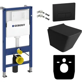 LaVita WC Set: Geberit Duofix Basic Vorwandelement + Wand Tiefspül WC Lago Schwarz Spülrandlos + WC Sitz + Bedienplatte Delta 25 Schwarzer Knopf Komplettset Unterputz Spülkasten Toilette Komplett Sett