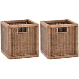 korb.outlet Set / 2 Regalkorb Vintage Braun ca. 28x29x30 mit Holzrahmen Rattan Schubfach Box zur Aufbewahrung Schrankkorb Griff