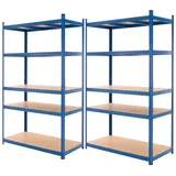 ECD Germany 2er Set Werkstattregal Schwerlastregal 200x100x50 cm Blau pulverbeschichter Metall mit 5 Böden MDF Holz belastbar bis 875kg Lagerregal Steckregal Kellerregal Garagenregal Metallregal Regal