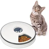 Relaxdays Futterautomat Katze, bis zu 6 Portionen, Hxd: 5,5 x 30,5 cm, Katzenfutterstation mit Zeitschaltuhr, weiß/grau