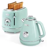 Hazel Quinn Edelstahl Toaster Retro Style Frühstückssets, 2 Extra Breiten Toastschlitzen, Abschaltautomatik, 815 Watt, Elektrischer Wasserkocher 1,7 Liter 2200 W, BPA-frei, 360° Gerätefuß, Minzgrün