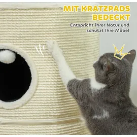 PawHut Kratztonne, 69 cm Hoch Katzentonne mit 2 Höhle, Spielball, Teilbarer Kratzbaum, Katzenturm für Katzen bis 5 kg, Cremeweiß - Weiß