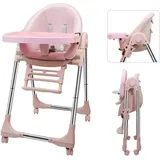 Klappbarer Babyhochstuhl, Verstellbarer Kinderhochstuhl, Leicht zu reinigen, Mit Rädern, Rosa