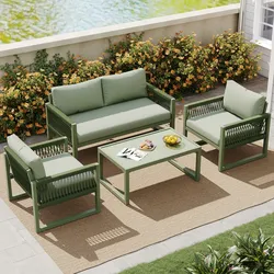 Merax Garten-Loungesessel-Set, Gartenmöbel-Set aus Seil, Loungesessel-Set aus Seil mit Sitzkissen, verstellbaren Füßen, 4er-Set, grün