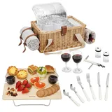 Picknickkorb-Set mit Mini-Klapptisch und Besteck-Set, Picknickkorb für 2 Personen mit kühltaschen, Flechtkorb mit Henkel, Weidenkorb Geschenkset für Picknick Camping Outdoor Party (Weiße Blume)