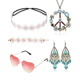BARRU Hippie Accessoires Damen, 5 Stück Flower Power Accessoires, Hippie Kleidung Damen Zubehör, Hippie Kostüm Damen, 70er Jahre Bekleidung Damen, Hippie Schmuck, Peace Kette, Hippie Brille - C