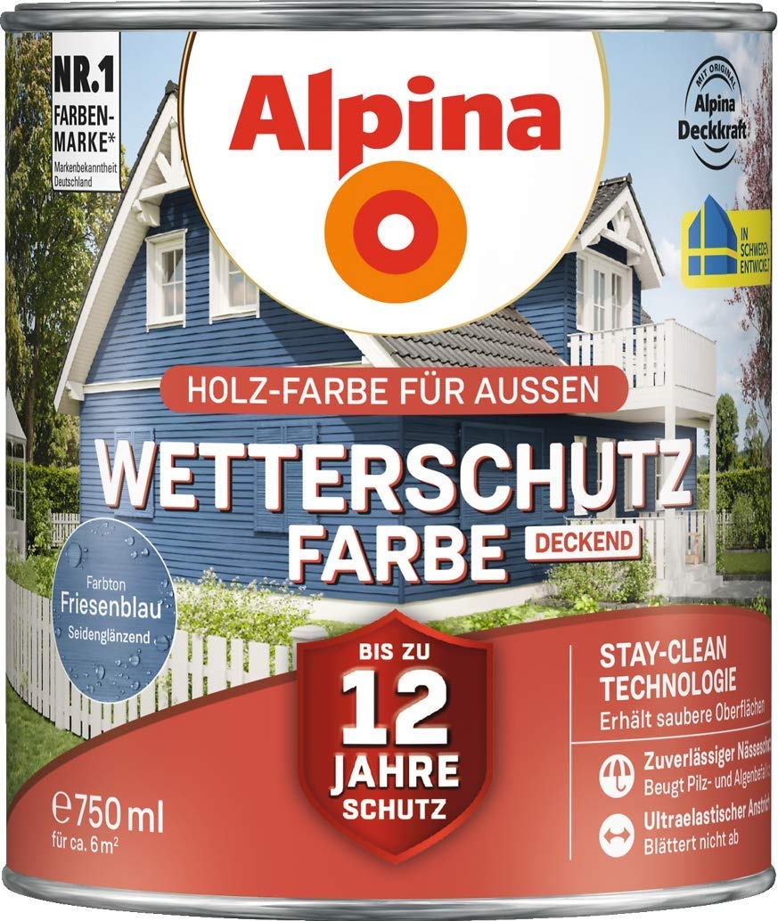 Alpina Holz-Wetterschutz-Farben – Friesenblau, deckend – bis zu 12 Jahre Schutz vor Witterung und Nässe – schmutzabweisend, deckend & ergiebig – 750 ml