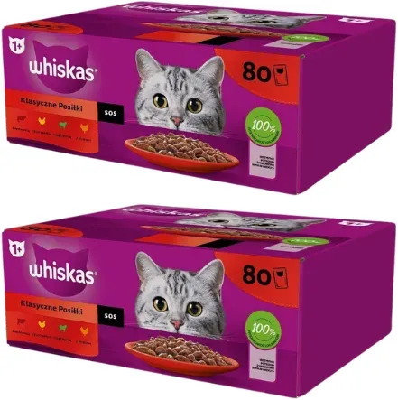 160 x 85 g WHISKAS Nassfutter für adulte Katzen in Sauce Rind, Huhn, Lamm, Geflügel