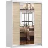 imoebel24 Schwebetürenschrank, Weiß, Sonoma Eiche, Holzwerkstoff, 5 Fächer, Rechteckig, 150x200x61 cm, Schlafzimmer, Kleiderschränke, Schwebetürenschränke