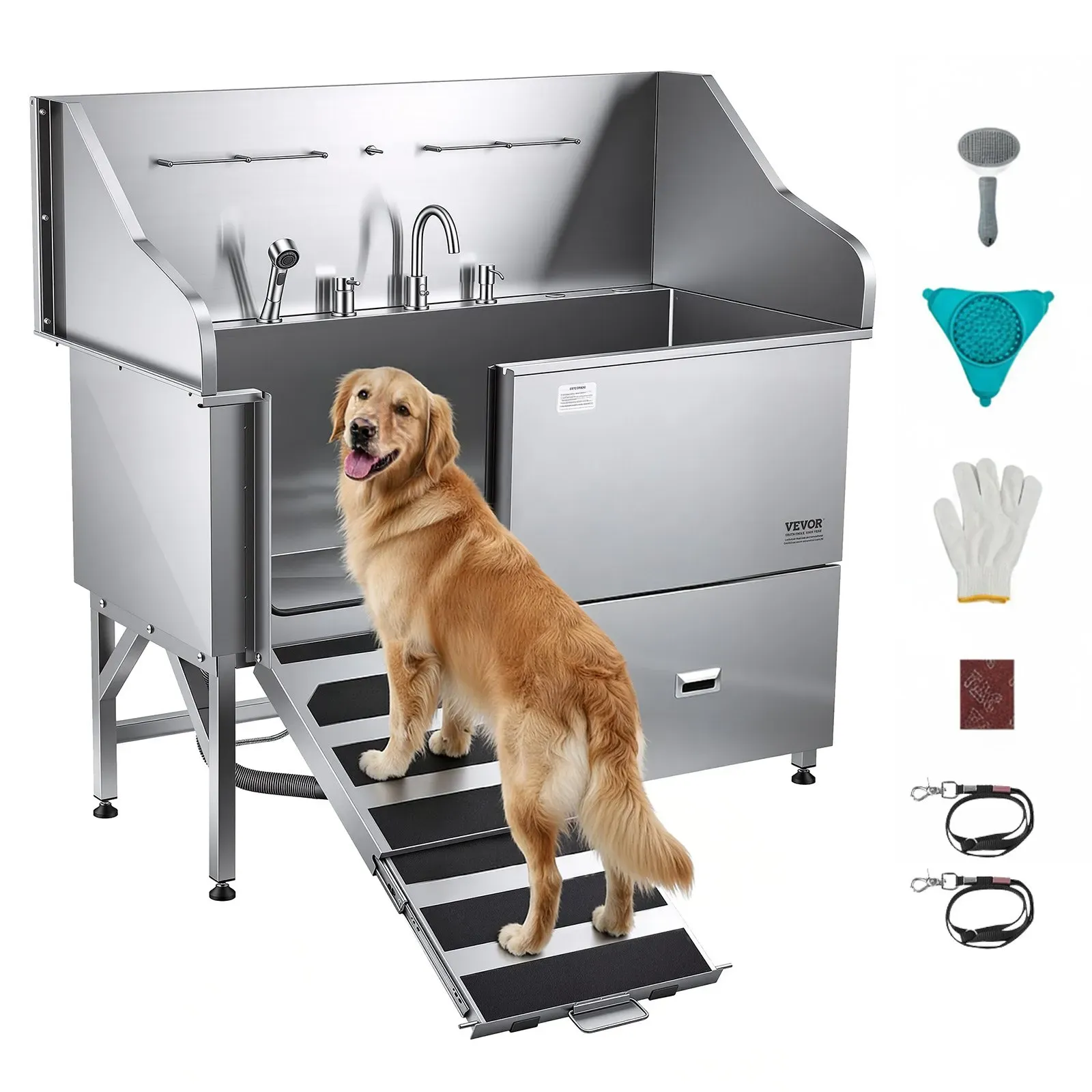 VEVOR 304 Edelstahl-Hundewaschstation, 154,9 cm große Pflegebadewanne mit rutschfester, flacher Rampe, Schublade, Warm- und Kaltwasserhahn, All-in-One-Badewanne für Pflegesalons, für alle Größen geeignet (rechte Tür)