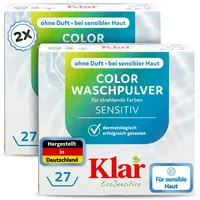 Klar Color Pulver 2x1,375kg, ohne Duft, 54 Waschladungen, für Allergiker, vegan