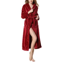 HONGBI Bademantel Langer Damen Herren Unisex mit Kapuze Morgenmantel Mikrofaser weich leicht kuschelig Microfaser Fleece Rotwein M - M