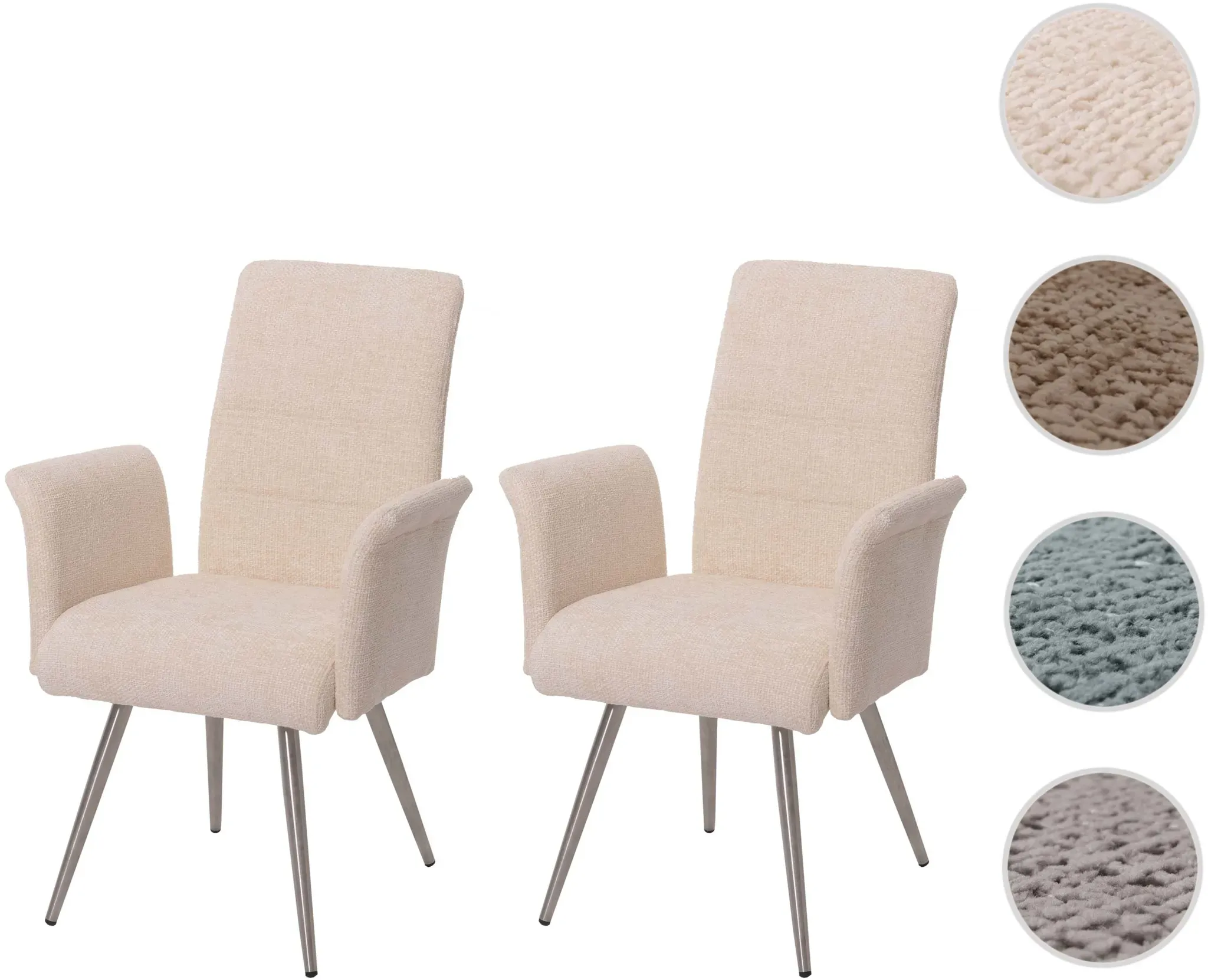 Einzelst�ck | 2er-Set Esszimmerstuhl HWC-G55, Stuhl mit Armlehne, Edelstahl gebürstet Stoff/Textil Chenille Öko-Tex ~ creme