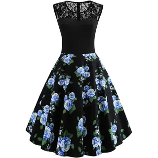 Axoe Damen 50er Jahre Rockabilly Kleid mit Blumenmuster Ärmellos, Farbe12, XXXXL (50 EU) - 4XL