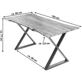 Sam Esstisch Baumkante Akazie naturfarben 120 x 80 cm geschlossenes X-Gestell edelstahlfarben KASIMIR - Beige