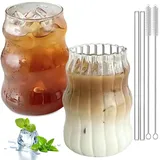 Aicharynic 2er Set Gerippte Trinkgläser, 530ml Bubble Gläs mit Glasstrohhalmen Latte Macchiato Gläser Cocktail Gläser Eiskaffeegläser mit Bürsten benutzt für Cocktail, Milch, Wasser, Soda, Geschenk