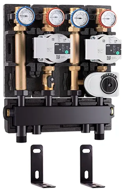 Barberi Set bestehend aus Verteiler mir integrierter hydraulischer Weiche, direkter Pumpenstation und Reguliergruppe mit 3-Wege Mischventil, Antriebsv