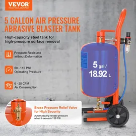 Vevor Mobiles Sandstrahlgerät 18,92 L Sandstrahlanlage 243,84 cm ArbeitsschlauchSandstrahler 60–110 PSI Arbeitsdruck ideal zum Entfernen von Rost, Farbe, Flecken und das Polieren großer Flächen